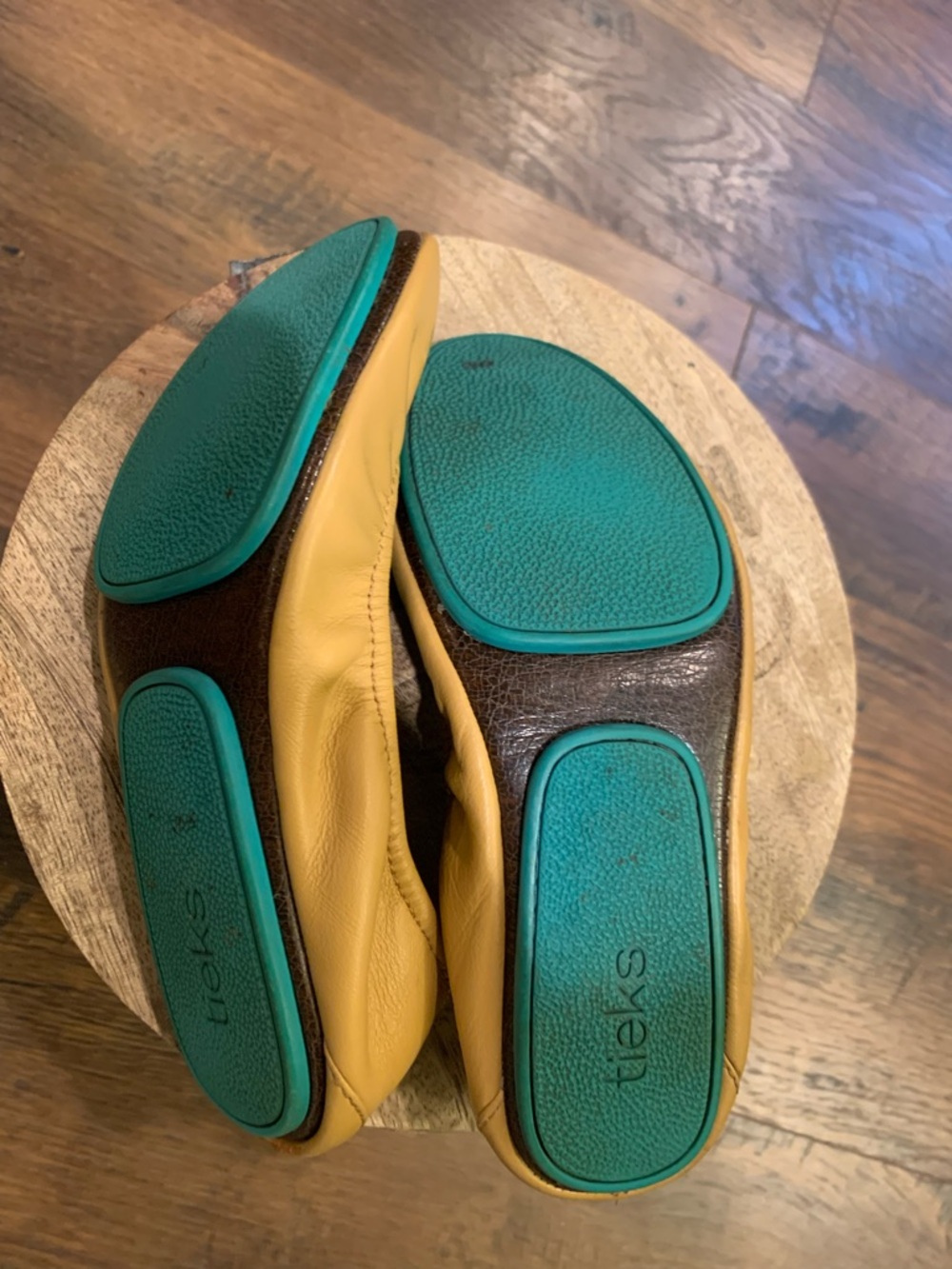 Tieks Mustard Yellow Leather Ballet Flats with Teal Heel Tab - Picture 5 of 8